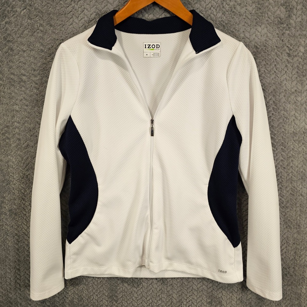 IZOD Golf Jacket women Medium White Navy Blue Full Zip Mock Neck Textured Sporty